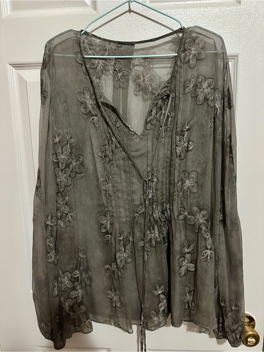 Elie Tahari Olive Gray Sheer Embroidered Top
